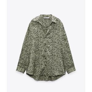 Zara Satin Oversized Animal Print Button Down Top